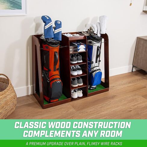 GoSports Premium Wooden Golf Bag Organizer and Storage Rack - Holds 2 Golf Bags - Black, White or Brown Finish in Saudi Arabia