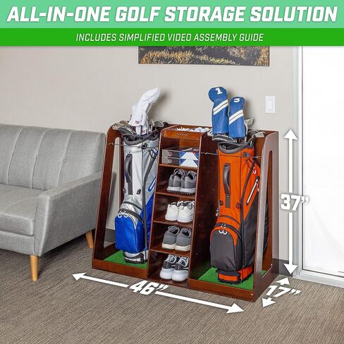 GoSports Premium Wooden Golf Bag Organizer and Storage Rack - Holds 2 Golf Bags - Black, White or Brown Finish in Saudi Arabia