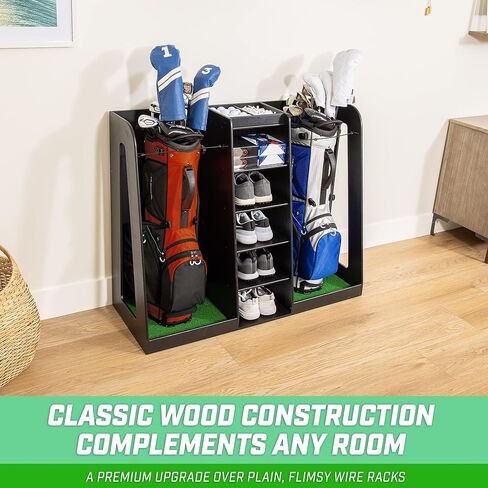 GoSports Premium Wooden Golf Bag Organizer and Storage Rack - Holds 2 Golf Bags - Black, White or Brown Finish in Saudi Arabia
