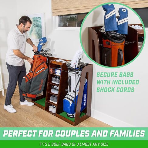 GoSports Premium Wooden Golf Bag Organizer and Storage Rack - Holds 2 Golf Bags - Black, White or Brown Finish in Saudi Arabia