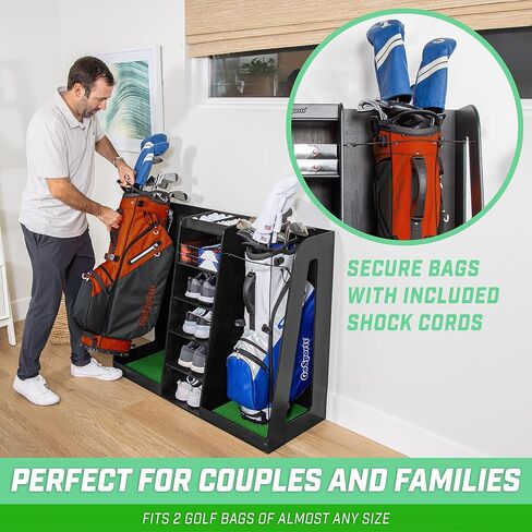 GoSports Premium Wooden Golf Bag Organizer and Storage Rack - Holds 2 Golf Bags - Black, White or Brown Finish in Saudi Arabia