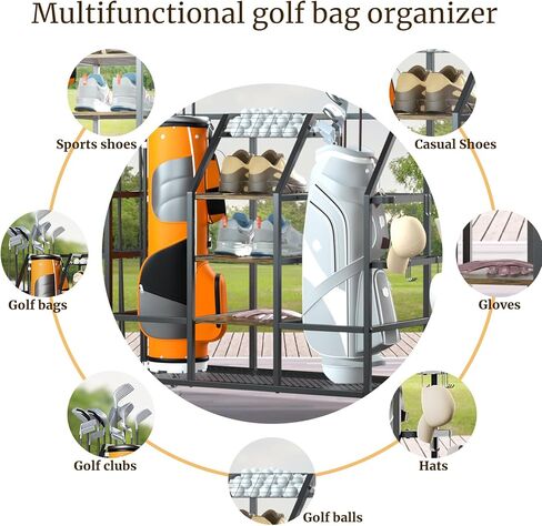 منظم حقيبة الجولف Sdyneut، منظم تخزين الجولف للمرآب، حامل منظم الجولف يناسب حقيبتين جولف وغيرها من ملحقات معدات الجولف رف تخزين الجولف مع عجلات للمرآب والنادي والسقيفة in Kuwait