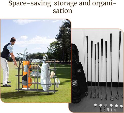 منظم حقيبة الجولف Sdyneut، منظم تخزين الجولف للمرآب، حامل منظم الجولف يناسب حقيبتين جولف وغيرها من ملحقات معدات الجولف رف تخزين الجولف مع عجلات للمرآب والنادي والسقيفة in Kuwait
