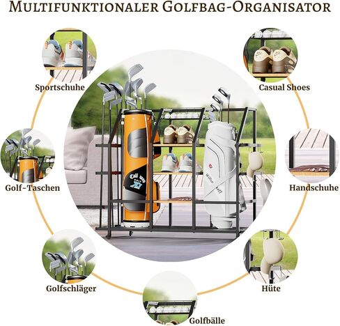 منظم حقيبة الجولف Sdyneut، منظم تخزين الجولف للمرآب، حامل منظم الجولف يناسب حقيبتين جولف وغيرها من ملحقات معدات الجولف رف تخزين الجولف مع عجلات للمرآب والنادي والسقيفة in Kuwait