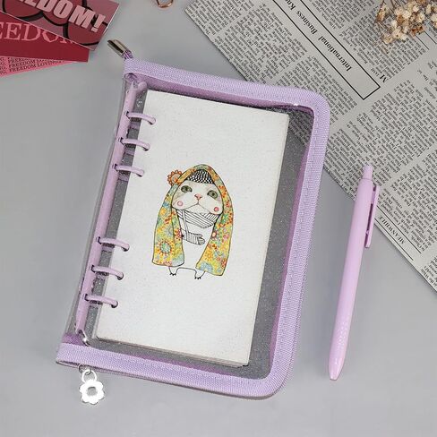 غلاف مجلد MultiBey A6 ذو 6 حلقات غلاف دفتر ملاحظات شفاف من PVC مع سحاب، مجلد ميزانية لامع لنظام الميزانية النقدية، دفتر يوميات، مخطط (8.2 بوصة × 5.5 بوصة، أبيض) in Kuwait