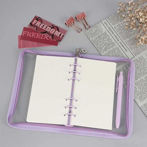 غلاف مجلد MultiBey A6 ذو 6 حلقات غلاف دفتر ملاحظات شفاف من PVC مع سحاب، مجلد ميزانية لامع لنظام الميزانية النقدية، دفتر يوميات، مخطط (8.2 بوصة × 5.5 بوصة، أبيض) in Kuwait