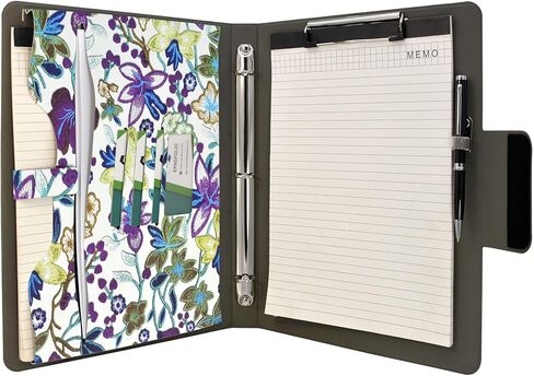 Padfolio Ring Binder with Expanded Document Bag, Flower Texture PU Leather Organizer Portfolio with 3-Ring Binder and Clipboard (Red) in Saudi Arabia