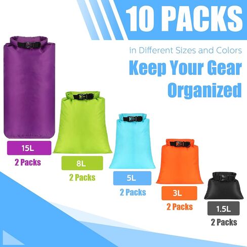 Riakrum 10 Pcs Waterproof Dry Bags, Ultralight Dry Sacks Stuff Sacks for Backpacking, Outdoor Dry Sacks Keep Gear for Kayaking Boating Hiking Backpacking (Black, 1.5,3,5,8,15L) in Saudi Arabia