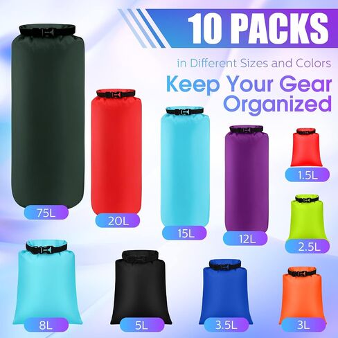 Riakrum 10 Pcs Waterproof Dry Bags, Ultralight Dry Sacks Stuff Sacks for Backpacking, Outdoor Dry Sacks Keep Gear for Kayaking Boating Hiking Backpacking (Black, 1.5,3,5,8,15L) in Saudi Arabia