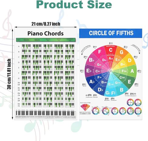 NQEUEPN 2 قطعة مخططات وتر البيانو، 11.8 × 8.3 بوصة دائرة الأخماس ملصق لوحة مفاتيح البيانو ملصق مقاوم للماء أوتار البيانو ورقة الغش لمعلمي الموسيقى الطلاب الملحنين عشاق الموسيقى المبتدئين in Kuwait