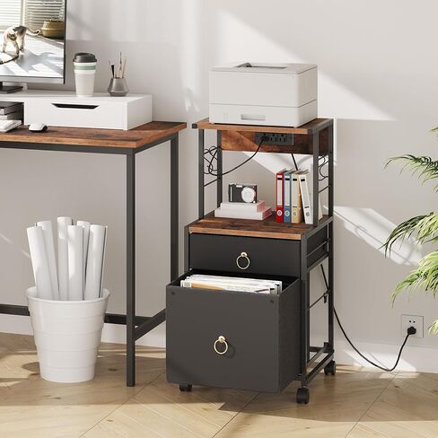 HOOBRO 2-Drawer File Cabinet, Filing Cabinet with Charging Station, Office Cabinet with Open Shelf, Filing Cabinet for Home Office, A4/Letter Size, Nonwovens Drawer, Rustic Brown BF23UWJ01 in Saudi Arabia