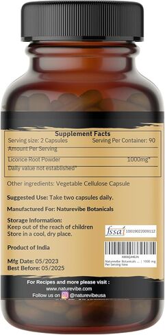 Naturevibe Botanicals Licorice Capsules Premium 180 Veg Capsules | Overall Health & Well Being | 1000mg Per Serving | Made with Pure Herb Licorice Powder in Kuwait