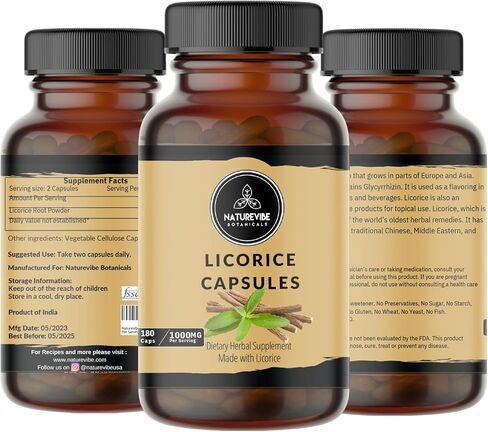 Naturevibe Botanicals Licorice Capsules Premium 180 Veg Capsules | Overall Health & Well Being | 1000mg Per Serving | Made with Pure Herb Licorice Powder in Kuwait
