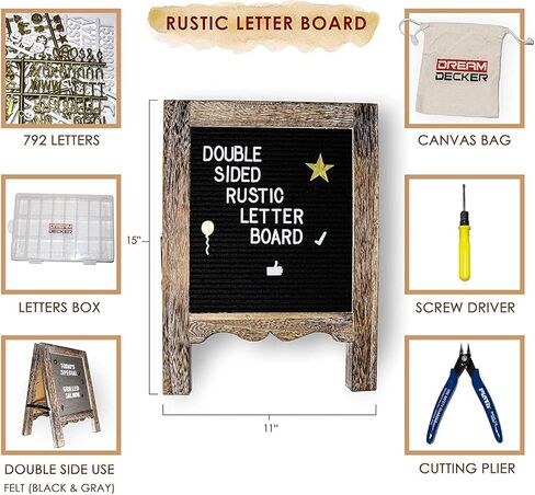 Rustic Felt Letter Board 15"x11" | Double Sided Black, Grey 792 White, Gold Characters| Perfect Letter Signboard, Message Board, Announcement Sign| Screw Driver, Wall Hanger, Letter Organizer Box, Bag in Saudi Arabia