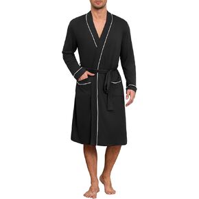 Ekouaer Mens Robes Lightweight Knit Bathrobe Long Sleeve Kimono Robe V Neck Spa Knee Length Sleepwear with Pockets S-XXL
