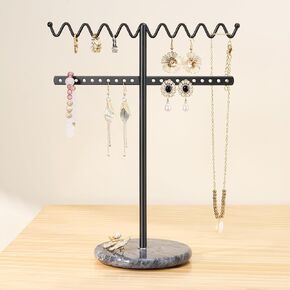 Jewelry Stand Necklace Holder, Gold Metal Jewelry Organizer with Wavy Necklace and Earring Holder, Marble Base for Stability, Home Decor for Bedroom or Vanity, Black and Gold