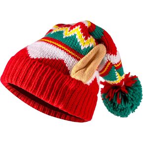 Giggling Getup Kids قبعة عيد الميلاد قبعة صغيرة مع بوم بومس، عيد الميلاد محبوك الأحمر والأخضر شريطية سانتا قبعة هدية حفلة عيد الميلاد in Kuwait