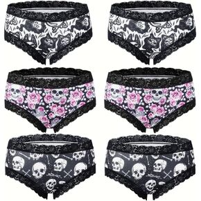 6pcs Gothic Chic Low Rise Bikinis Contrast Lace, Skull & Eyeballs & Stars Print, Women Comfortable Hipster Panties