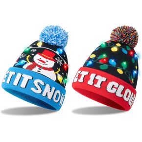 Giggling Getup 2 Pcs Unisex Light Up Christmas Hat with Pom Poms, Snowman Beanies Xmas Hats for Adults Kids, Warm Knit Hats for Christmas Party Gifts Multi-Color