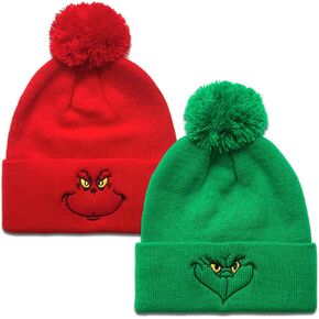 Ohjijinn 2Pcs Christmas Beanie Knitted Hats, Xmas Green Hat Slouchy Warm Cap, Winter Soft Headwear Funny Christmas Hat for Men Women Unisex