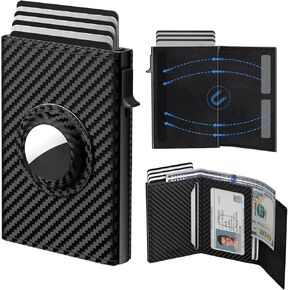 Mens Smart Wallet Card Holder for AirTag: Leather, Compatible with Apple Air Tag, RFID Blocking, Slim, Carbon Fiber, Minimalist - 9-14 Card Capacity | ID Window | Cash Slot (Black)