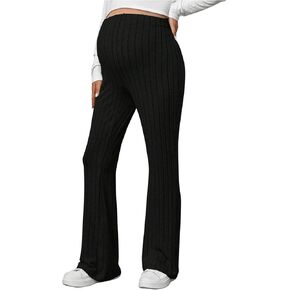 Women's Maternity Casual Adjustable High Waist Solid Flare Leg Ribbed Knit Pants Trousers