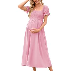 Women's 2023 Maternity Dress Summer Square Neck Smocked Long Dress Short Puff Sleeves Baby Shower Pregnancy, Pink, Small