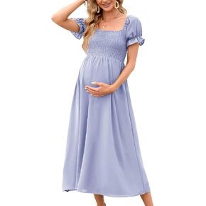 Women's 2023 Maternity Dress Summer Square Neck Smocked Long Dress Short Puff Sleeves Baby Shower Pregnancy, Light Blue, Medium