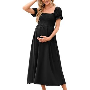 Women's 2023 Maternity Dress Summer Square Neck Smocked Long Dress Short Puff Sleeves Baby Shower Pregnancy, Black, Small