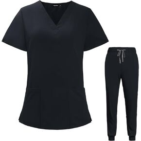 VIAOLI Scrubs for Women Set V-Neck Pocket Top & Drawstring Jogger Scrub Pants Stretch Nursing Scrubs Set Uniform