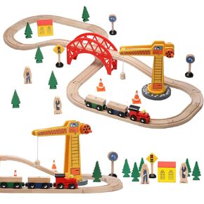 SainSmart Jr. Wooden Train Set for Toddler, 41pcs Wood Train Track w/Crane Fits Brio, Thomas, Melissa and Doug, Kids Wood Toy Train for Kids Ages 3+