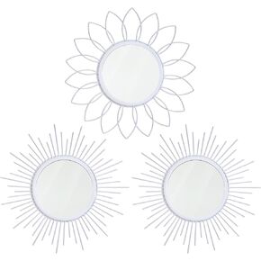 3 Pack Metal Mirrors for Wall Sunburst Wall Mirrors Home Décor Decorative Hanging Wall Art for Living Room Bedroom Entryway (Gold, Flower+Sunburst)