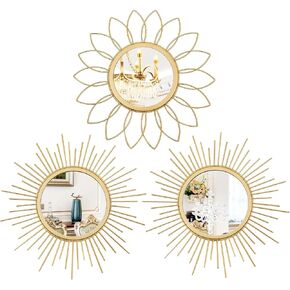 3 Pack Metal Mirrors for Wall Sunburst Wall Mirrors Home Décor Decorative Hanging Wall Art for Living Room Bedroom Entryway (Gold, Flower+Sunburst) in Kuwait