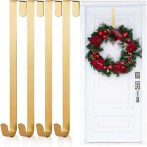 Kederwa 4 Pack Gold Wreath Hangers for Front Door, 12inch Over The Door Wreath Hanger Xmas Wreath Holder Hook Reef Hanger for Christmas Thanskgiving Decorations
