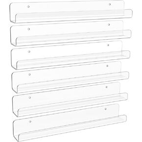 upsimples 6 Pack Clear Acrylic Shelves, 12" Nursery Book Shelves for Wall, Floating Bookshelf for Kids Baby, Vinyl Display, Record Holder, Magazine Rack, Picture Ledge Shelf