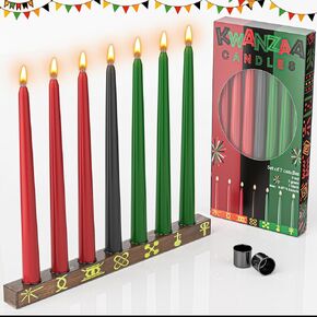 Kwanzaa Decorations - Kwanzaa Kinara Set Kwanzaa Candle Holder with 3 Red 3 Green 1 Black Kwanzaa Candles Double Sided Wooden Kwanzaa Candle Holder for Africa Celebration Holiday