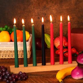 MTLEE 21 Pcs 10 Inch Kwanzaa Kinara Set Kwanzaa Candles 3 Red 3 Green 1 Black Tapered Candles Unscented and 1 pcs Wooden Candlestick Holders with 7 Holes for Kwanzaa Party Rustic Farmhouse Decoration