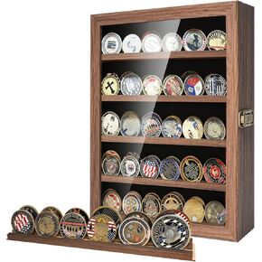 Military Challenge Coin Display Case Holder with HD Toughened Glass and Wall Mount, Wooden Coin Stand Rack with Removable 2 Grooves Shelves, Mahogany Finish…
