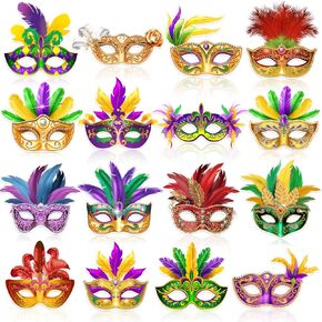 16Pcs Mardi Gras Masks-Carnival Masquerade Paper Mask Bulk Women Prom Purple Green Yellow Masks Decoration for Mardi Gras Party Supplie