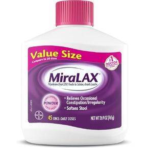 MiraLAX Gentle Constipation Relief Laxative Powder, Stool Softener with PEG 3350, Works Naturally with Water in Your Body, No Harsh Side Effects, Osmotic Laxative, 45 Dose