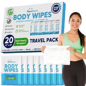 XL Body Wipes for Adults Bathing No Rinse - 50 Ct. + 4 Travel Shower Wipes - 9"x12" Thick Cleansing Bath Wash Wipes for Elderly Incontinence - Disposable Washcloths, Camping Essentials for Women & Men