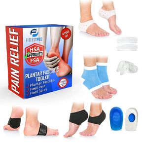 Plantar Fasciitis Foot Pain Relief 14 Piece Kit – HSA/FSA Eligible Premium Planter Fasciitis Support, Gel Heel Spur, Therapy Wraps, Compression Socks, Foot Sleeves, Arch Supports, Heel Cushion & Grips
