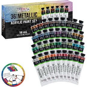 U.S. Art Supply Professional 12 Color Set of Metallic Acrylic Paint, Large 75ml Tubes - Rich Vivid Pearl Colors for Artists, Students, Beginners - Canvas, Portrait Paintings, Wood - Color Mixing Wheel