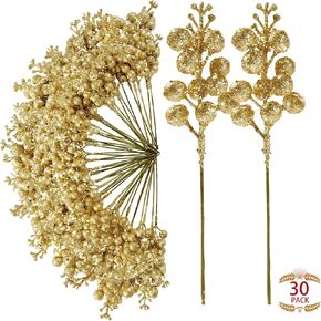 Sggvecsy 30Pcs Artificial Berry Stems Christmas Glitter Berries Stems Colorful Berry Picks Faux Holly Berry Branches Christmas Tree Ornaments for DIY Xmas Wreath Crafts Gifts Holiday Home Decor