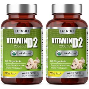Organic Vegan Whole Food Vitamin D2 (2 Pack), 2000 IU (50 mcg), Two Ingredients (Organic Whole Mushroom Organic Vegan Capsule), Non-GMO, 120 Days Supply