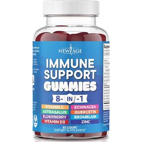 NEW AGE 8 in 1 Immune Support Booster Supplement with Astragalus Root, Vitamin C and Zinc 50mg, Vitamin D 5000 IU, Turmeric Curcumin & Ginger, B6, Elderberry (8 in 1 Gummies (Pack of 2))