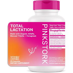 Pink Stork Total Lactation Supplement for Breast Milk Supply, Organic Fenugreek and Alfalfa to Support Breastfeeding, Milk Flow, and Production, Postpartum Essentials - 60 Capsules