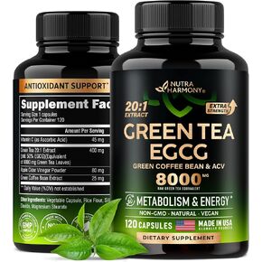Green Tea Extract Capsules 8000 mg - with Green Coffee Beans & Apple Cider Vinegar - Energy & Metabolism Support - Green Tea Supplement 50% EGCG - 20:1 Natural Extract - for Men & Women - 120 Capsules