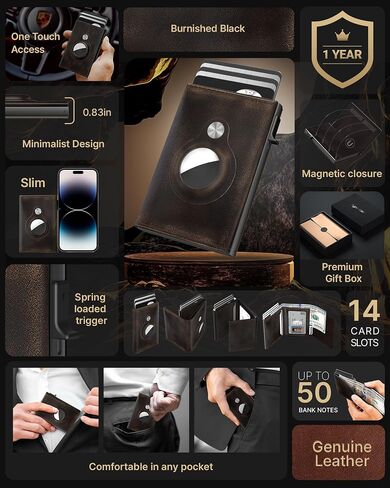 حامل بطاقات المحفظة الذكية للرجال لـ AirTag: جلد، متوافق مع Apple Air Tag، حجب RFID، رفيع، ألياف الكربون، الحد الأدنى - سعة البطاقة 9-14 | نافذة الهوية | فتحة النقدية (أسود) in Saudi Arabia