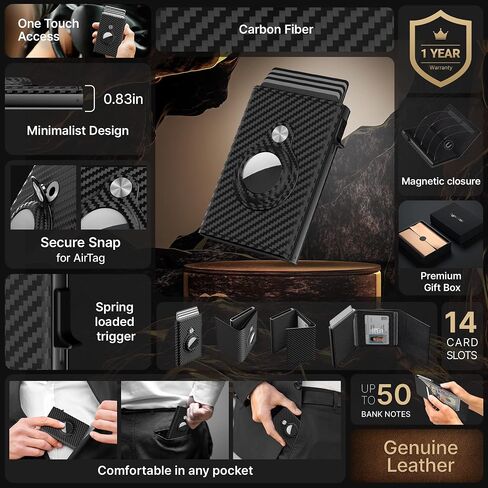 حامل بطاقات المحفظة الذكية للرجال لـ AirTag: جلد، متوافق مع Apple Air Tag، حجب RFID، رفيع، ألياف الكربون، الحد الأدنى - سعة البطاقة 9-14 | نافذة الهوية | فتحة النقدية (أسود) in Saudi Arabia